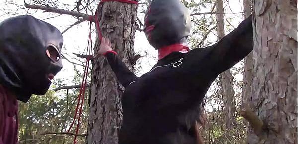  Outdoor sex in the wood. Wearing sexy clothes and high heels, bound, throated and fucked